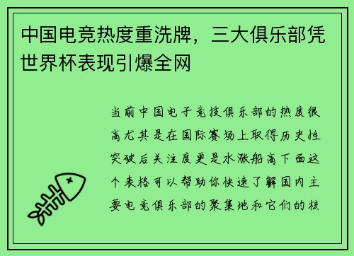中国电竞热度重洗牌，三大俱乐部凭世界杯表现引爆全网